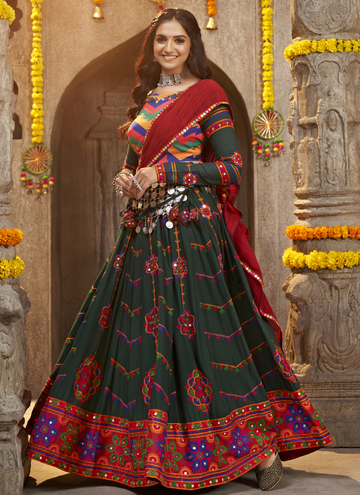 Viscose Rayon Thread Embroidered Bottle Green Ghagra Choli
